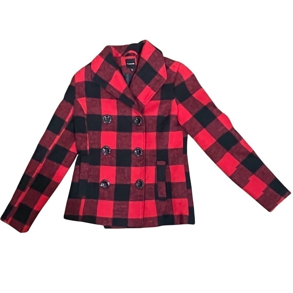 Rampage Red/Black Buffalo Pea Coat Double Breasted, Slant pockets Women SZ small